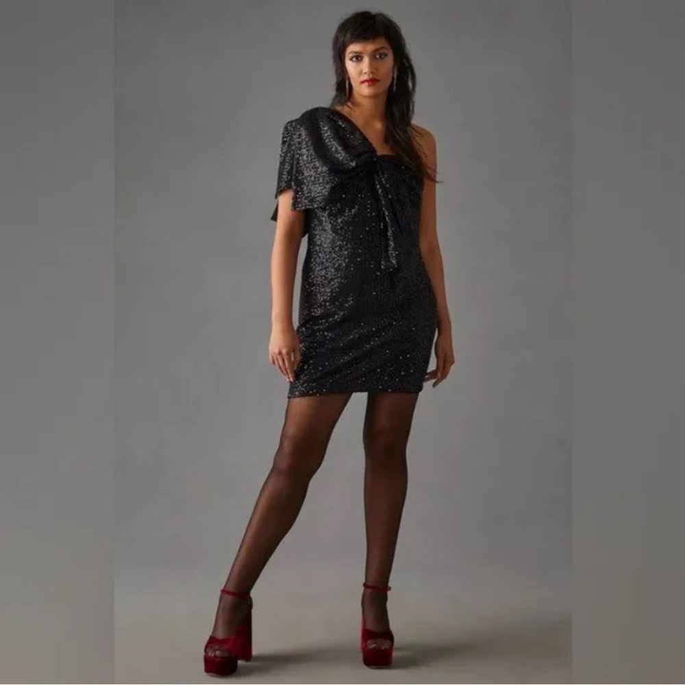 Anthropologie NWT Let Me Be Black Sequin One-Shoulder Big Bow Mini Dress size 3X